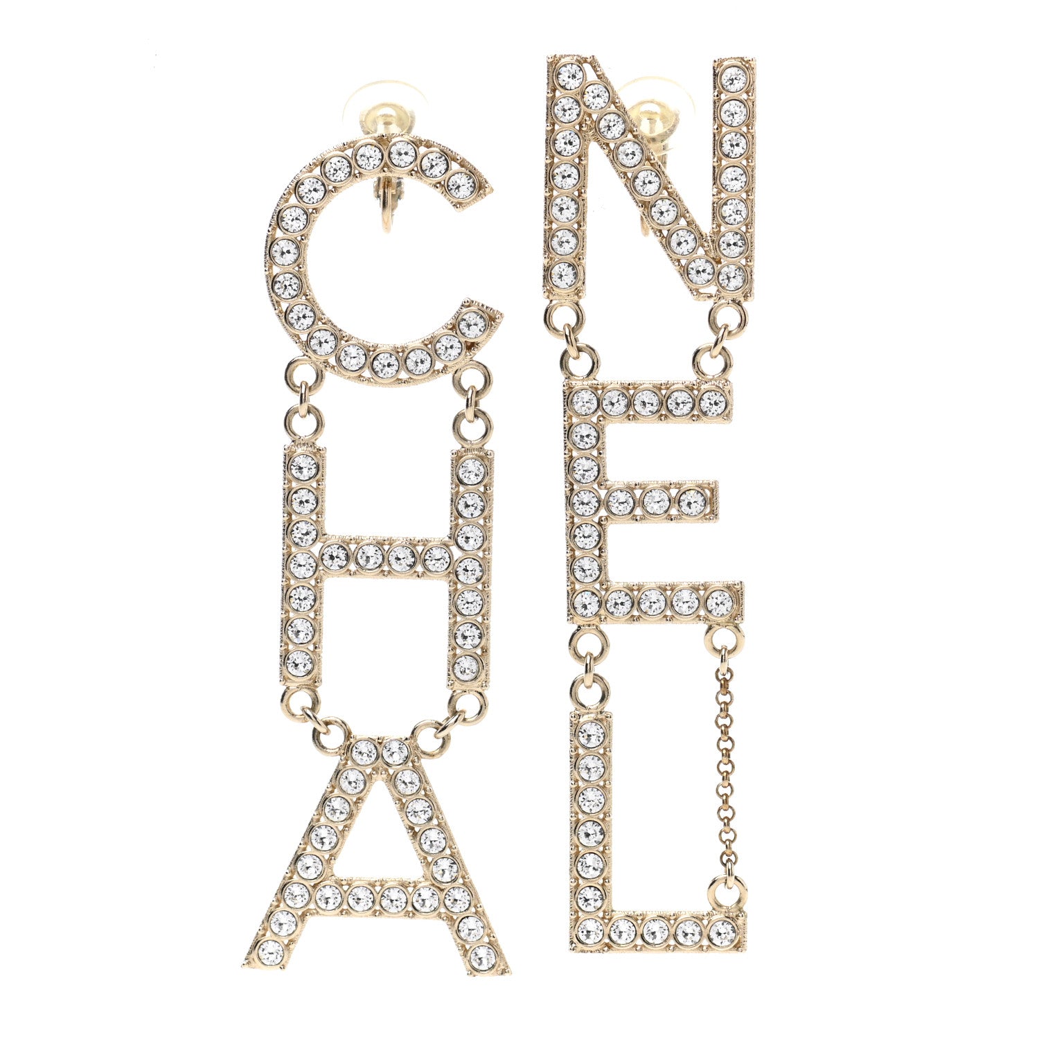 Chanel Crystal Cha-Nel Logo Drop Clip On Earrings Gold 1 of 4