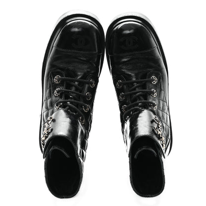 Chanel Shiny Goatskin Calfskin Quilted Lace Up Combat Boots 39 Black 2 of 10