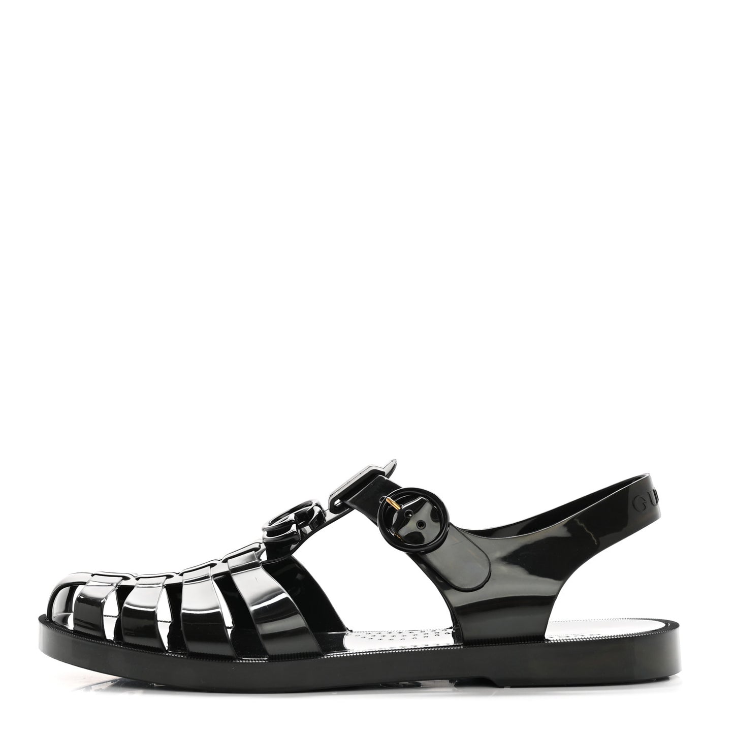 Shiny Rubber Double G Buckle Strap Sandals 10 Black
