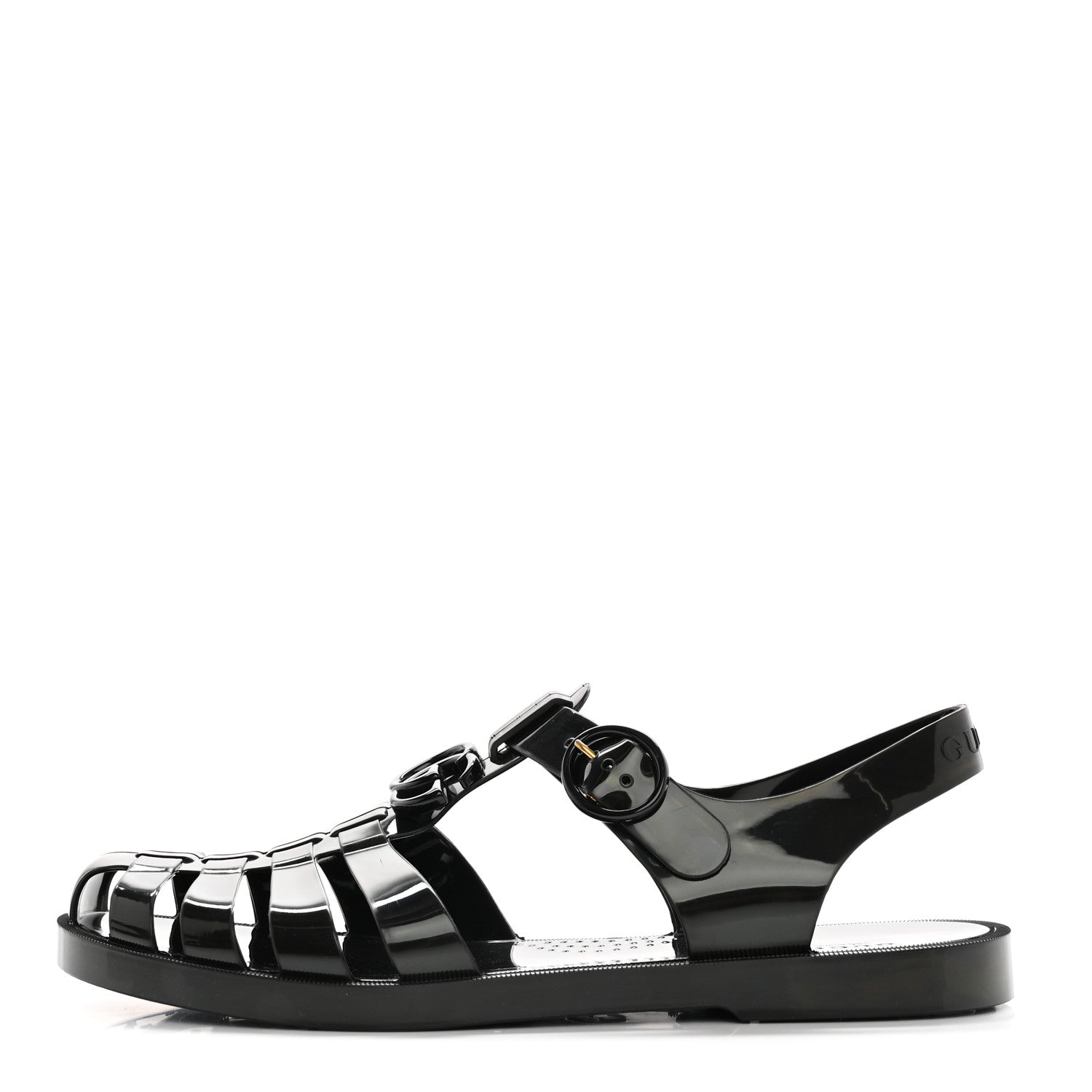 Gucci Shiny Rubber Double G Buckle Strap Sandals 10 Black 1 of 14