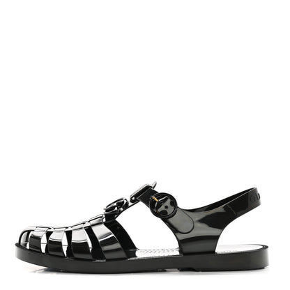 Gucci Shiny Rubber Double G Buckle Strap Sandals 10 Black 1 of 14