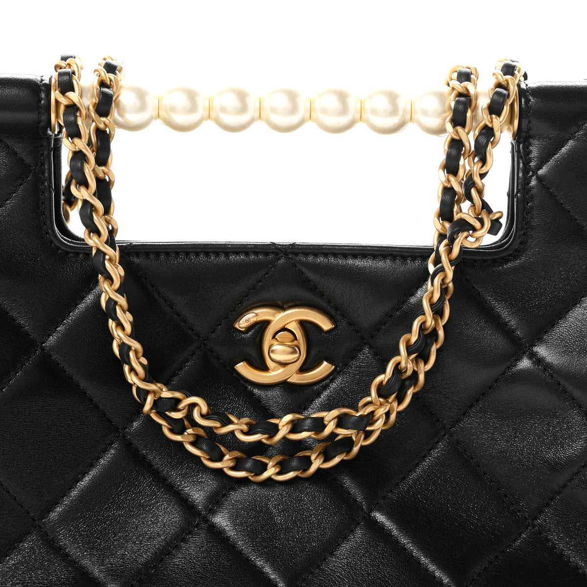 Shiny Lambskin Pearl Small Shopping Bag Black