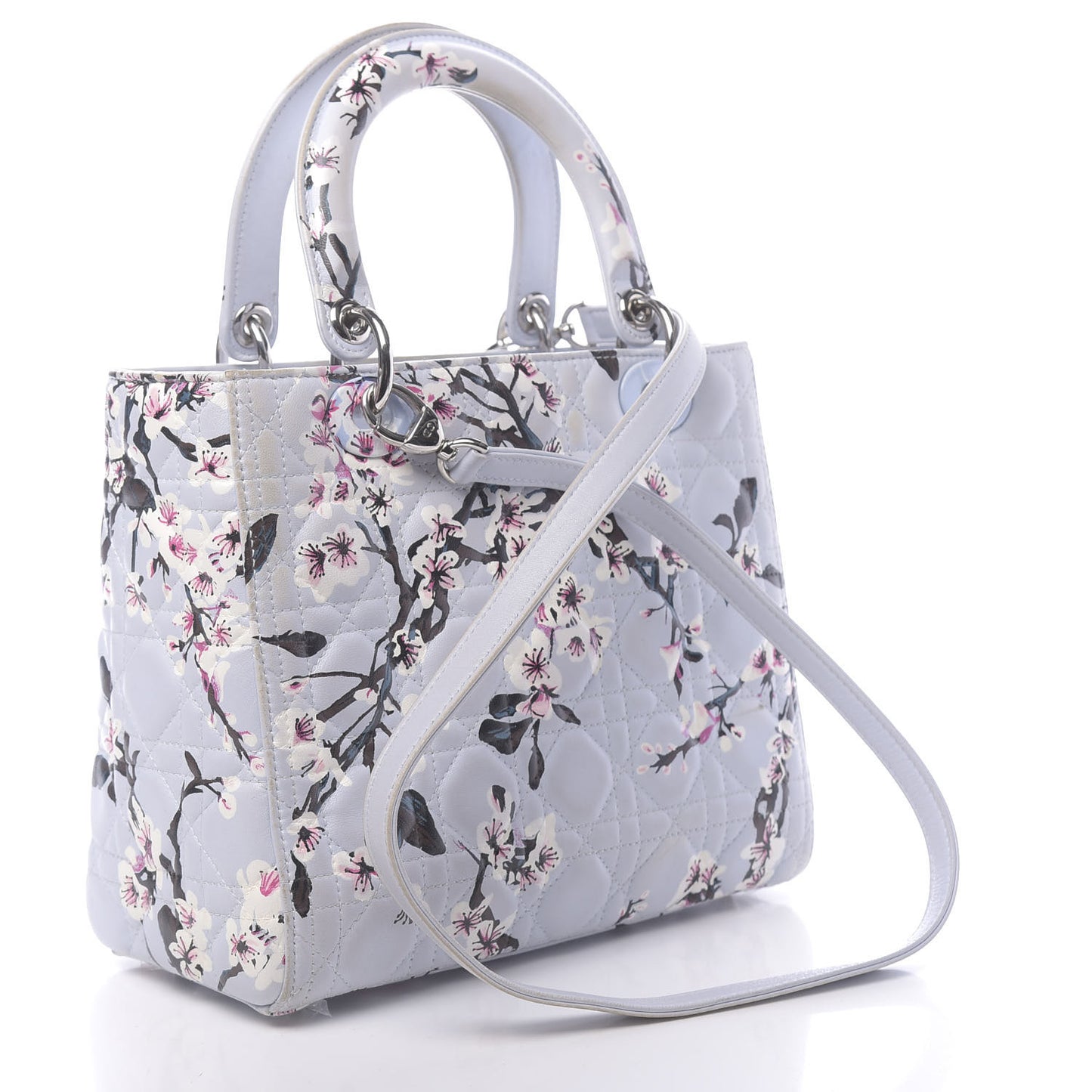 Lambskin Cannage Floral Printed Medium Lady Dior Light Blue