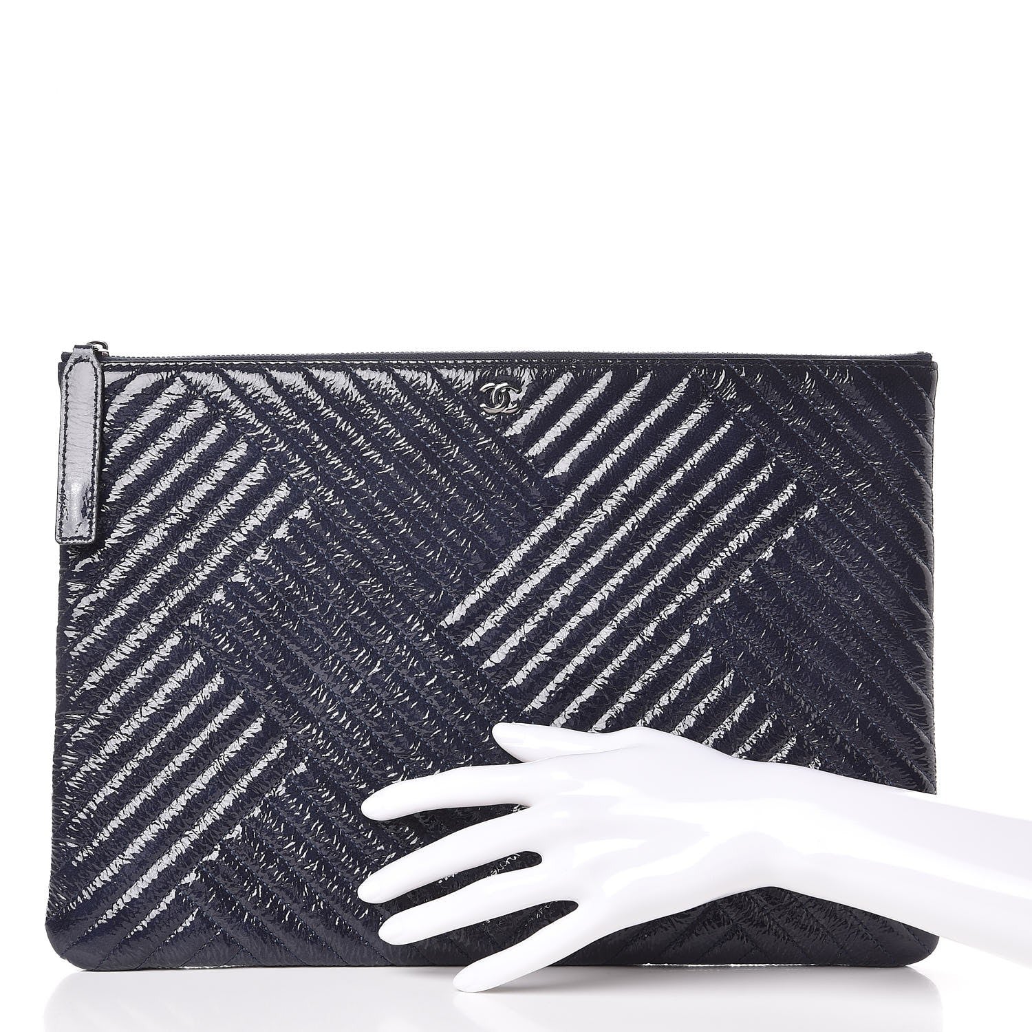 Chanel Distressed Patent Chevron Quilted Medium CC Crossing Cosmetic Case Navy 2 of 7