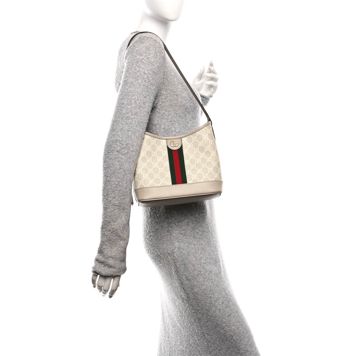 GG Supreme Monogram Textured Dollar Calfskin Web Small Ophidia Bucket Shoulder Bag Beige Mystic White Oatmeal
