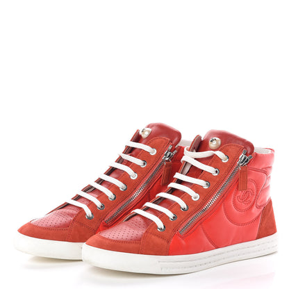 Chanel Calfskin Pearl High Top CC Sneakers 38 Red 3 of 10