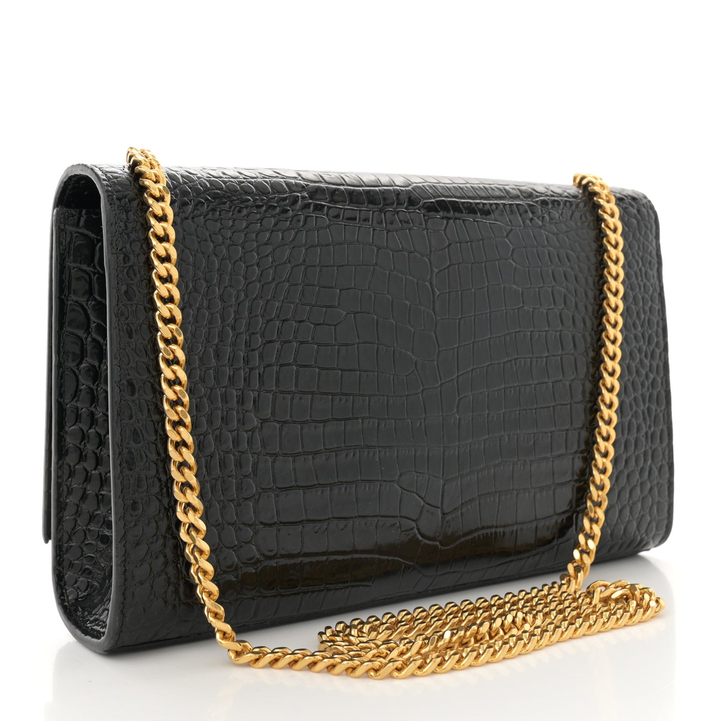 Calfskin Crocodile Embossed Medium Classic Monogram Kate Tassel Satchel Black