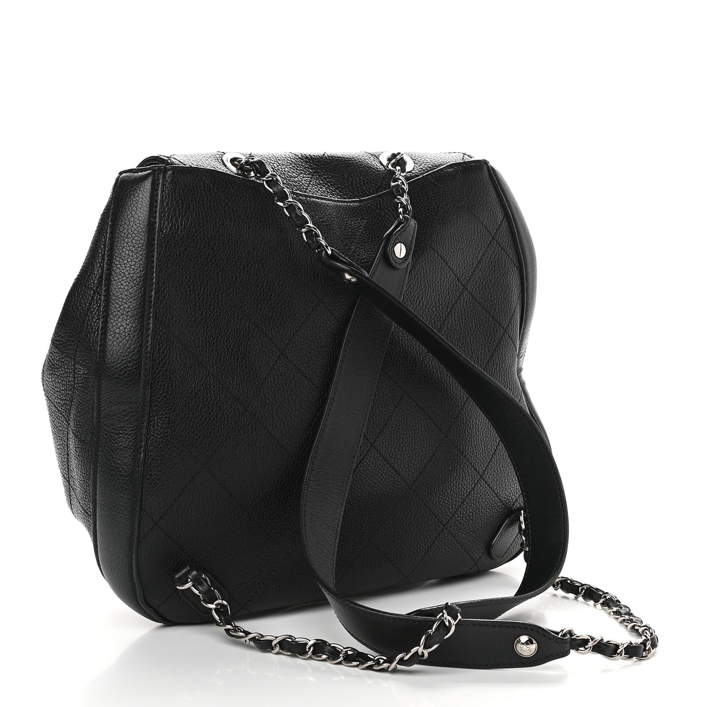 Grained Calfskin Stitched Flap Drawstring Backpack Black