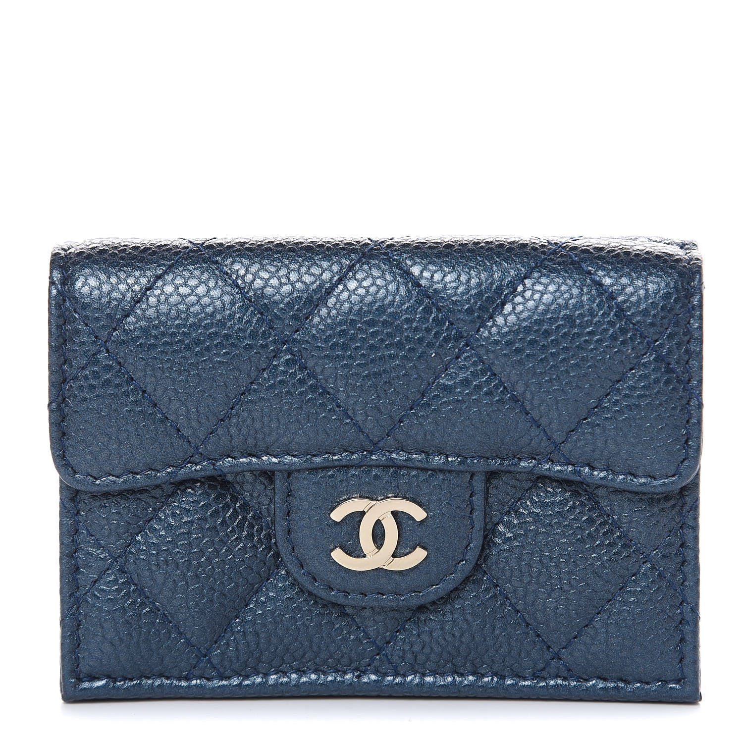 Chanel Metallic Caviar Quilted Compact Flap Wallet Dark Blue 1 of 8