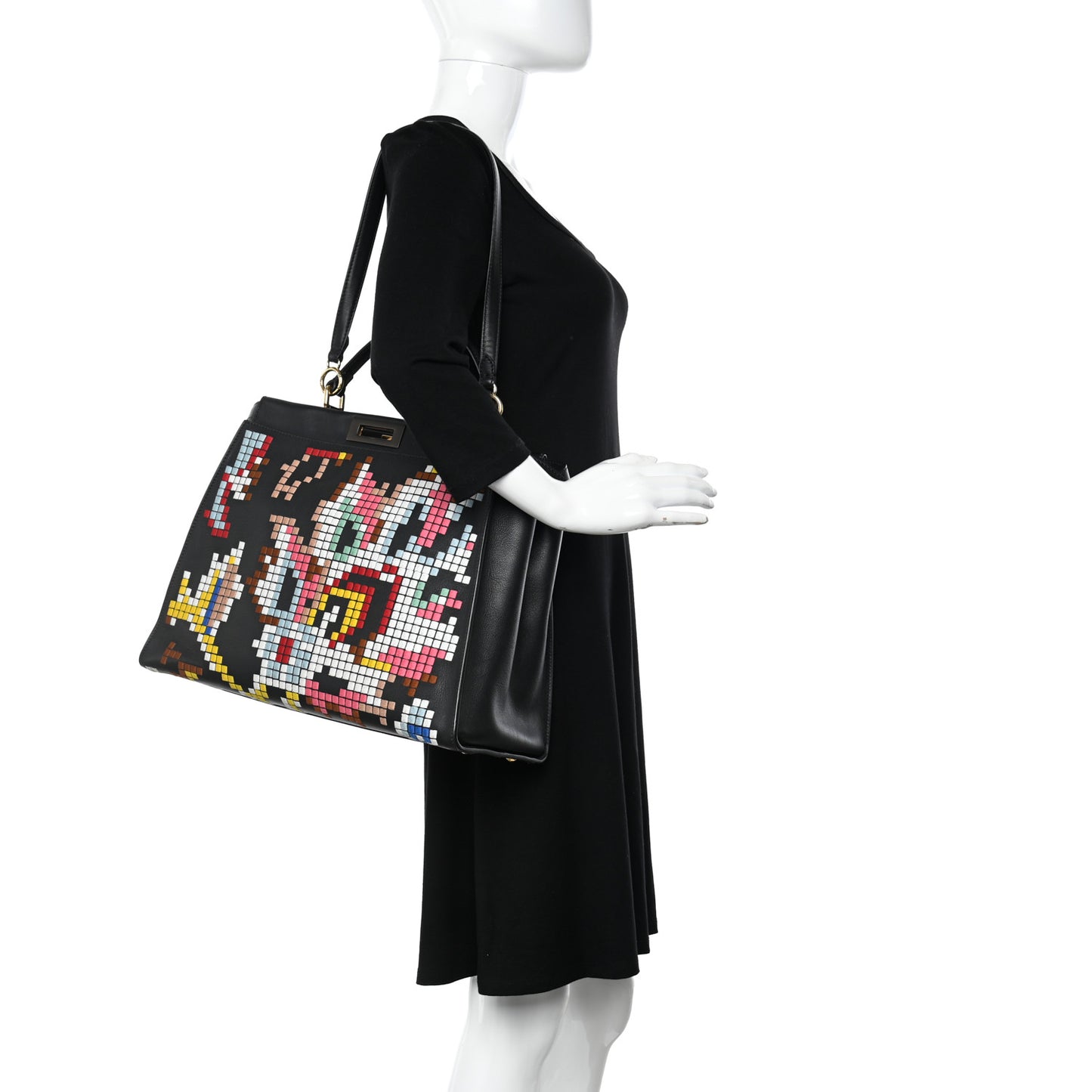 Calfskin Pixel Embroidered Large Peekaboo Iconic Satchel Black