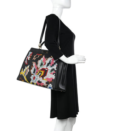 Fendi Calfskin Pixel Embroidered Large Peekaboo Iconic Satchel Black 2 of 12
