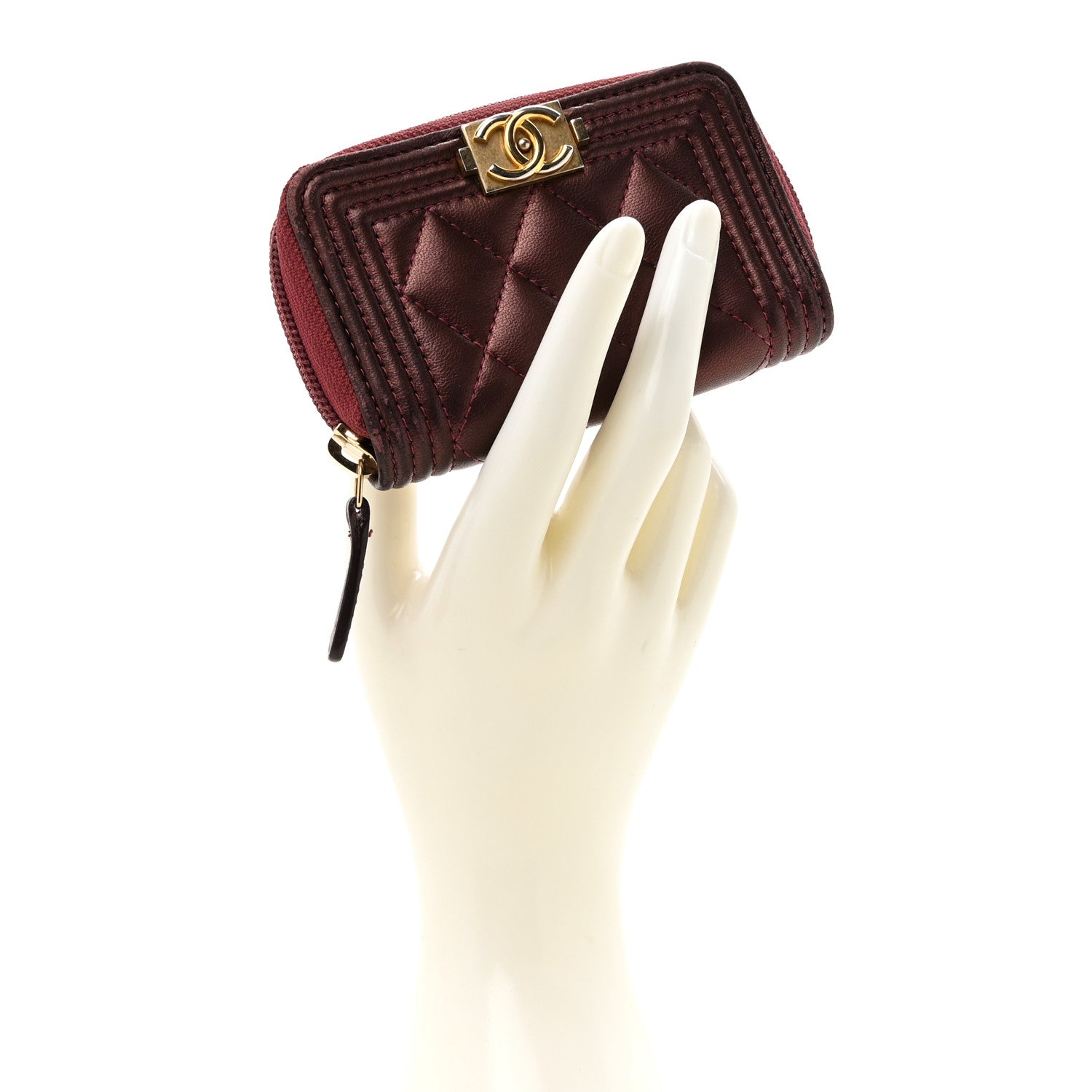 Chanel Lambskin Quilted Boy Zip Around Coin Purse Wallet Burgundy 2 of 12