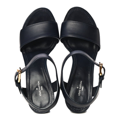Louis Vuitton Calfskin Monogram Denim Waterfall Wedge Sandals 38 Blue 6 of 18