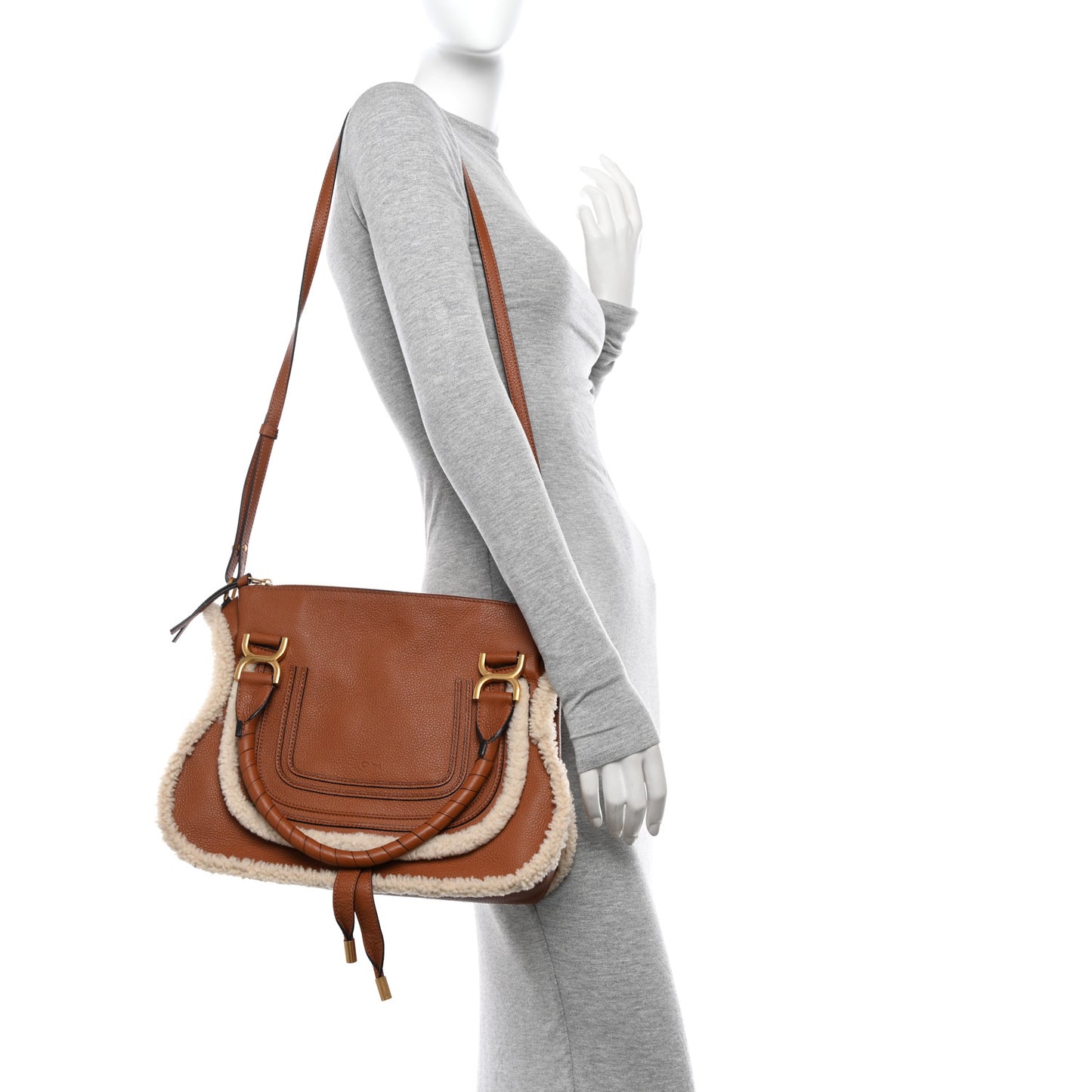 Calfskin Shearling Medium Marcie Satchel Tan