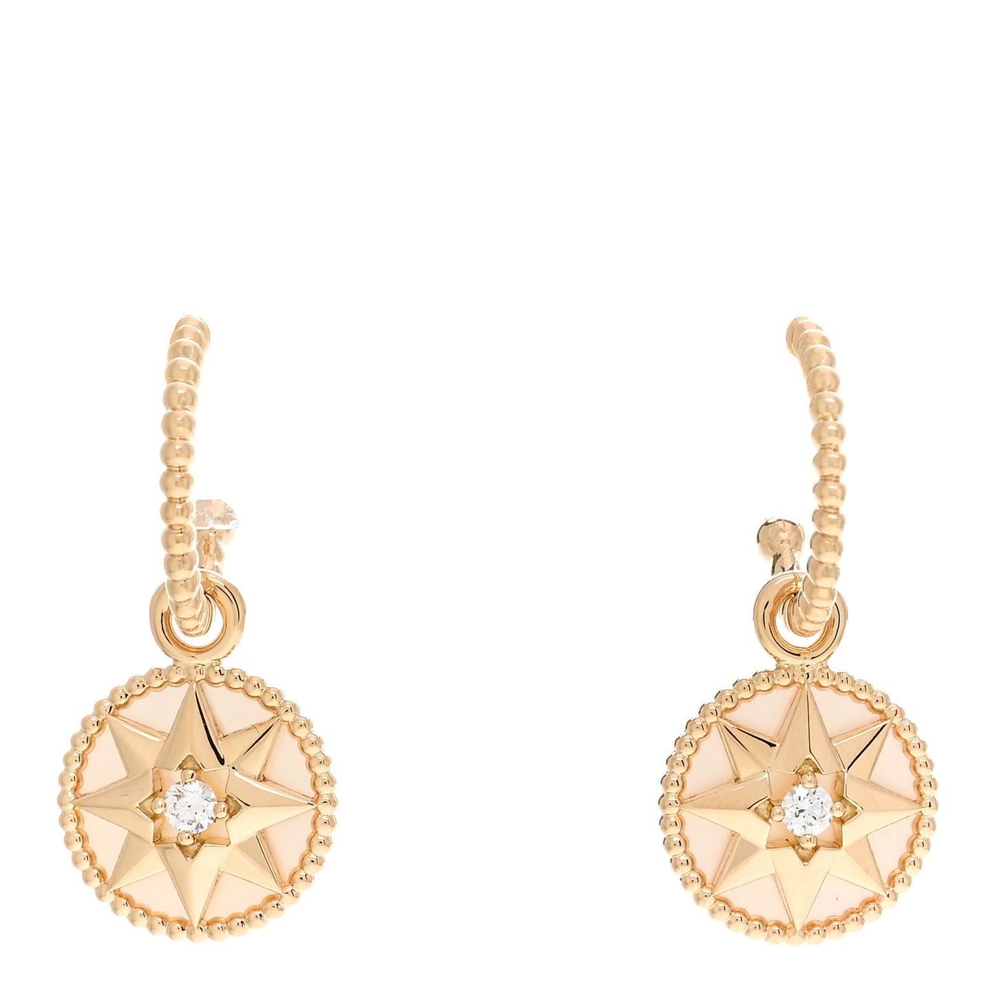 18K Yellow Gold Diamond Mother of Pearl Rose Des Vents Drop Earrings