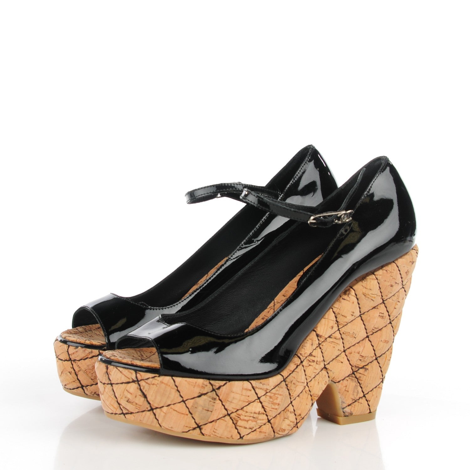 Chanel Patent Cork Quilted CC Wedge Peep Toe Sandals 38 Black 3 of 6