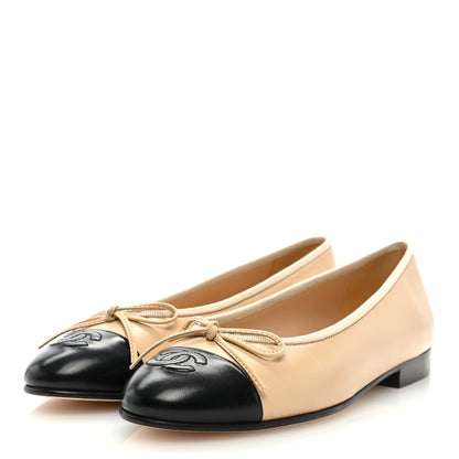 Chanel Lambskin Cap Toe CC Ballerina Flats 36.5 Beige Black 2 of 8