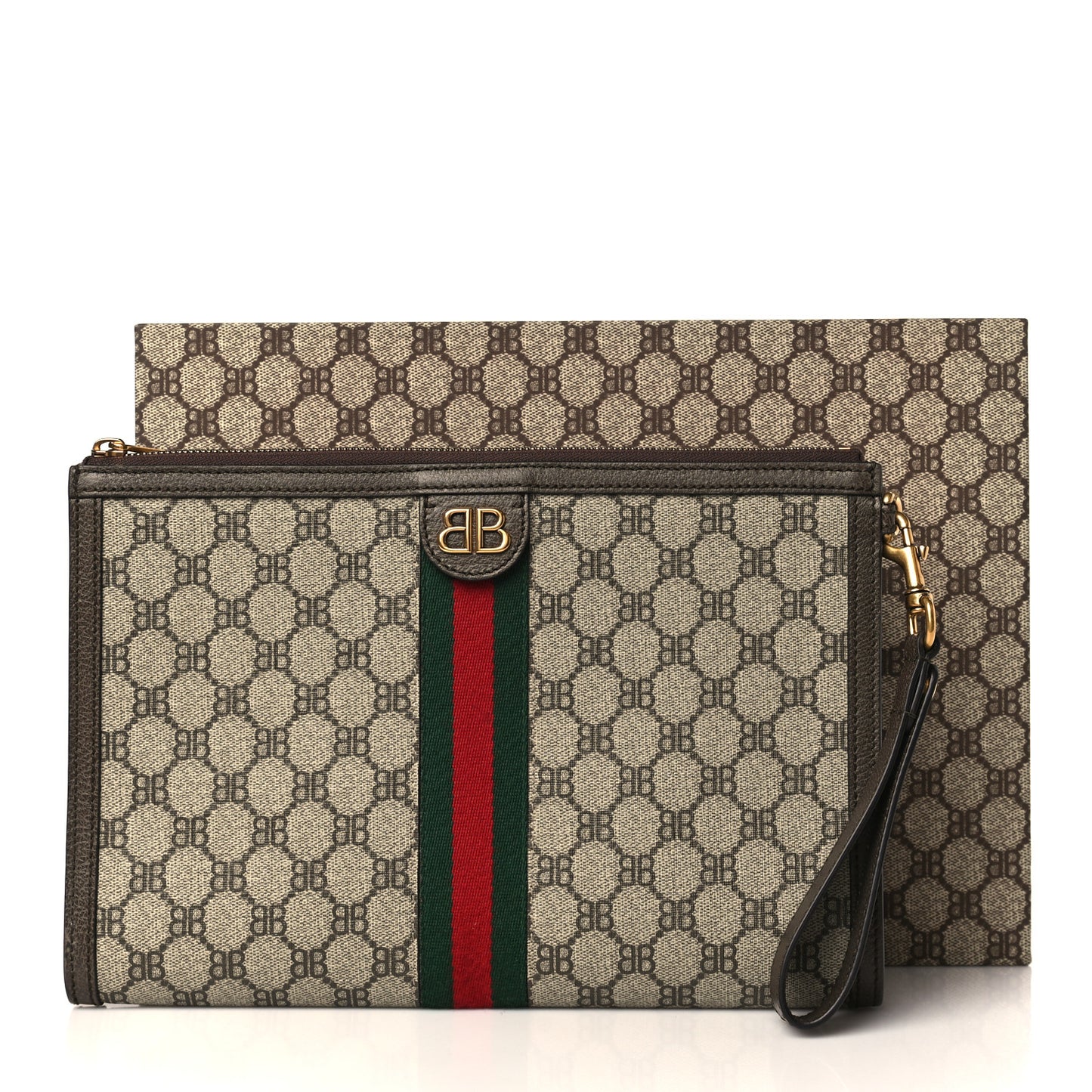 X BALENCIAGA BB Supreme Monogram Web Ophidia Wristlet Beige New Acero