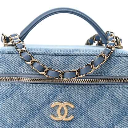 Chanel Printed Denim Quilted Mini Top Handle Vanity Case With Chain Light Blue 8 of 10