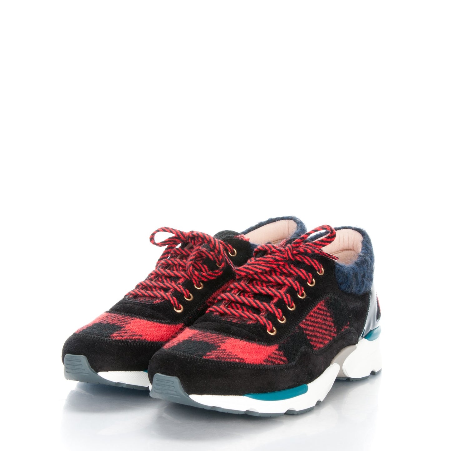 Tweed Suede Patent Calfskin Sneakers 36 Red Black Navy