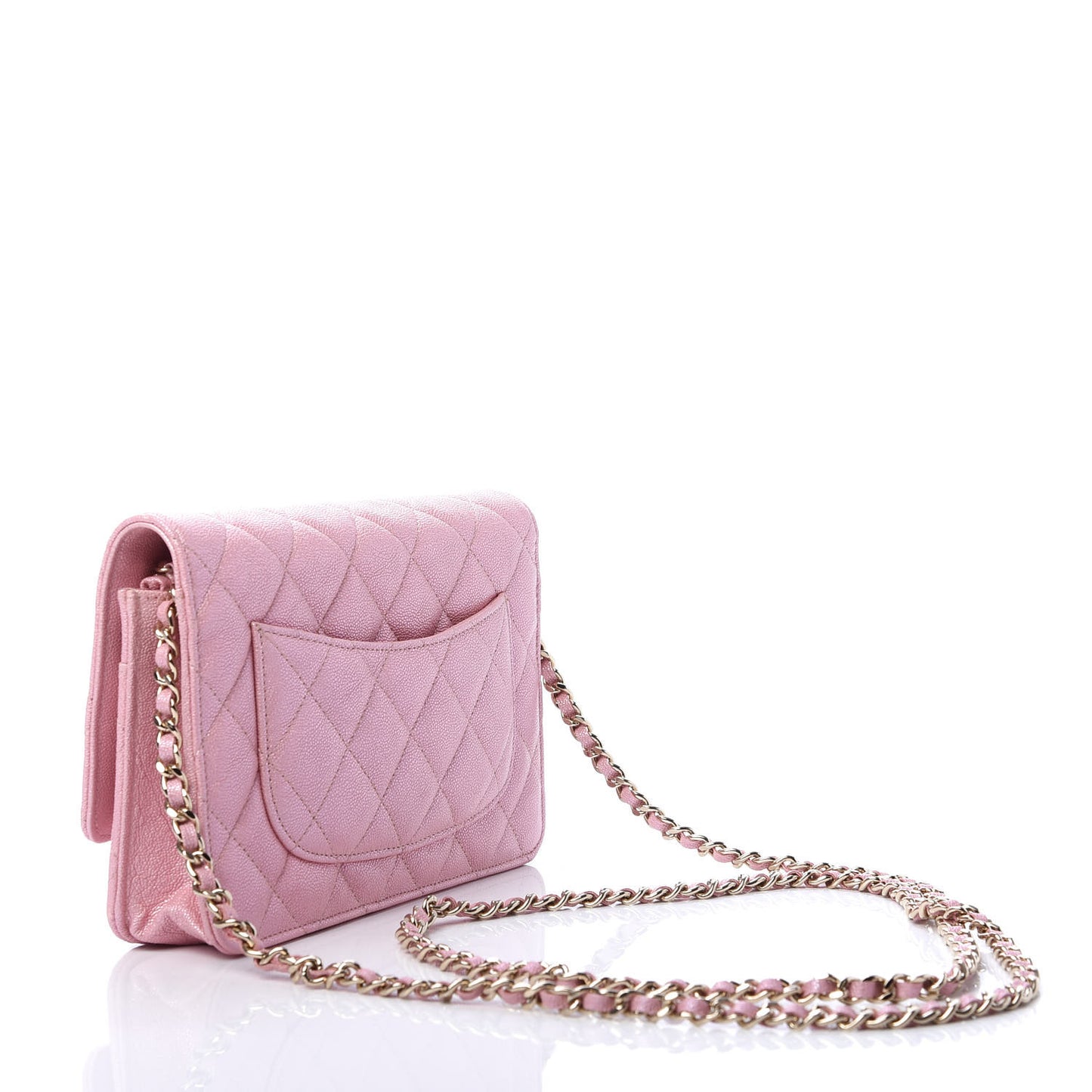 Iridescent Caviar Quilted Wallet on Chain WOC Rose Pink