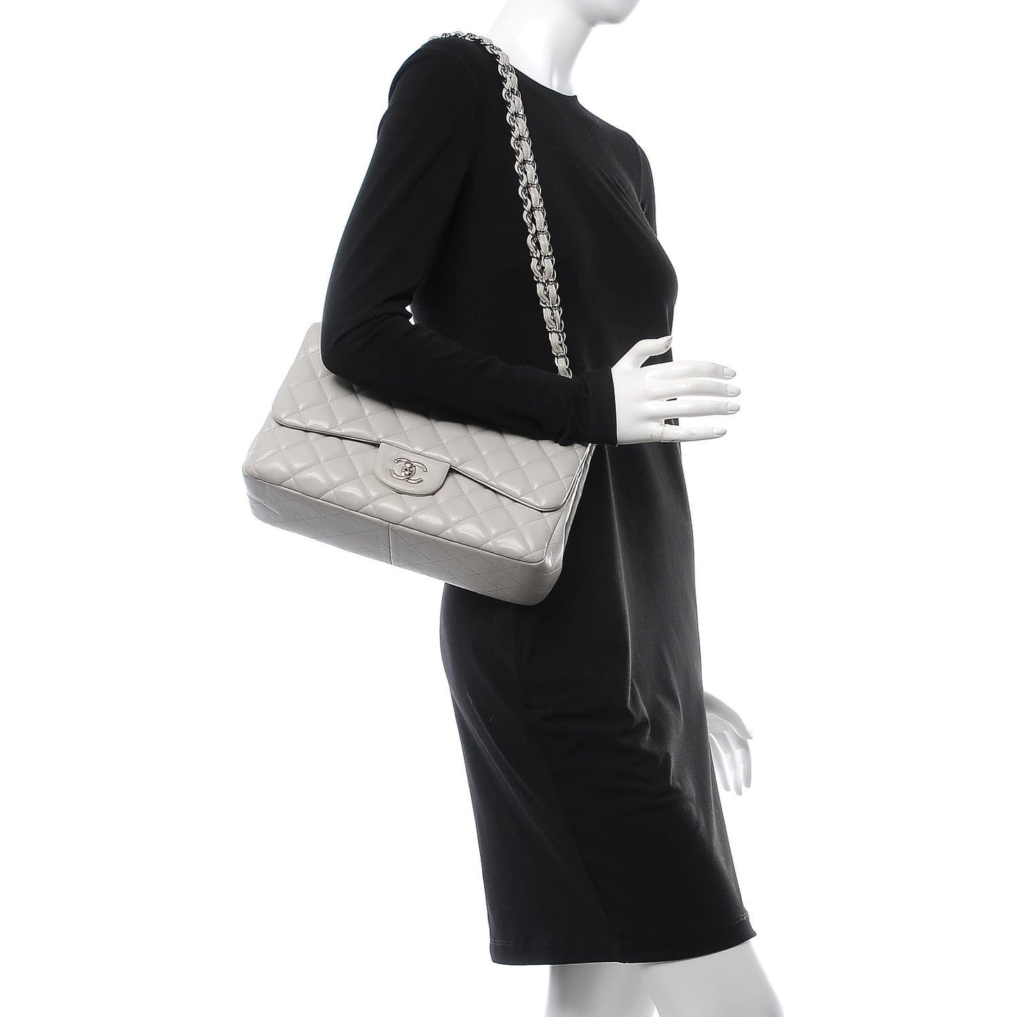 Caviar Quilted Jumbo Double Flap Light Grey