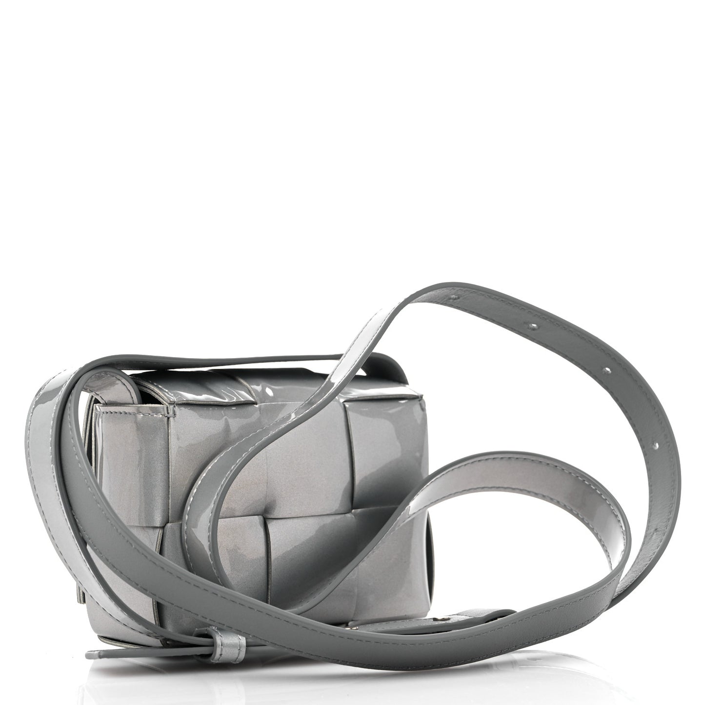 Metallic Patent Calfskin Maxi Intrecciato Extra Mini Cassette Crossbody Bag Silver