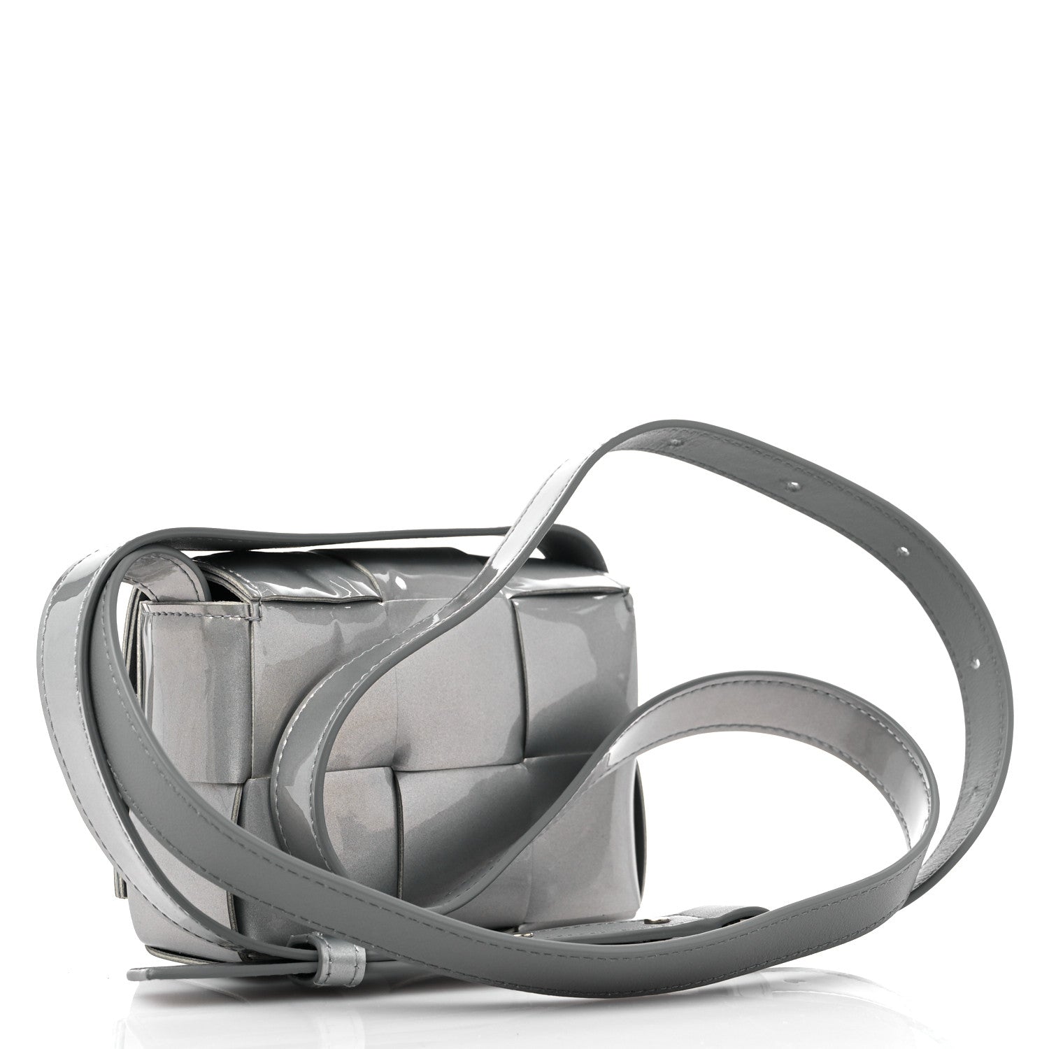 Bottega Veneta Metallic Patent Calfskin Maxi Intrecciato Extra Mini Cassette Crossbody Bag Silver 3 of 8