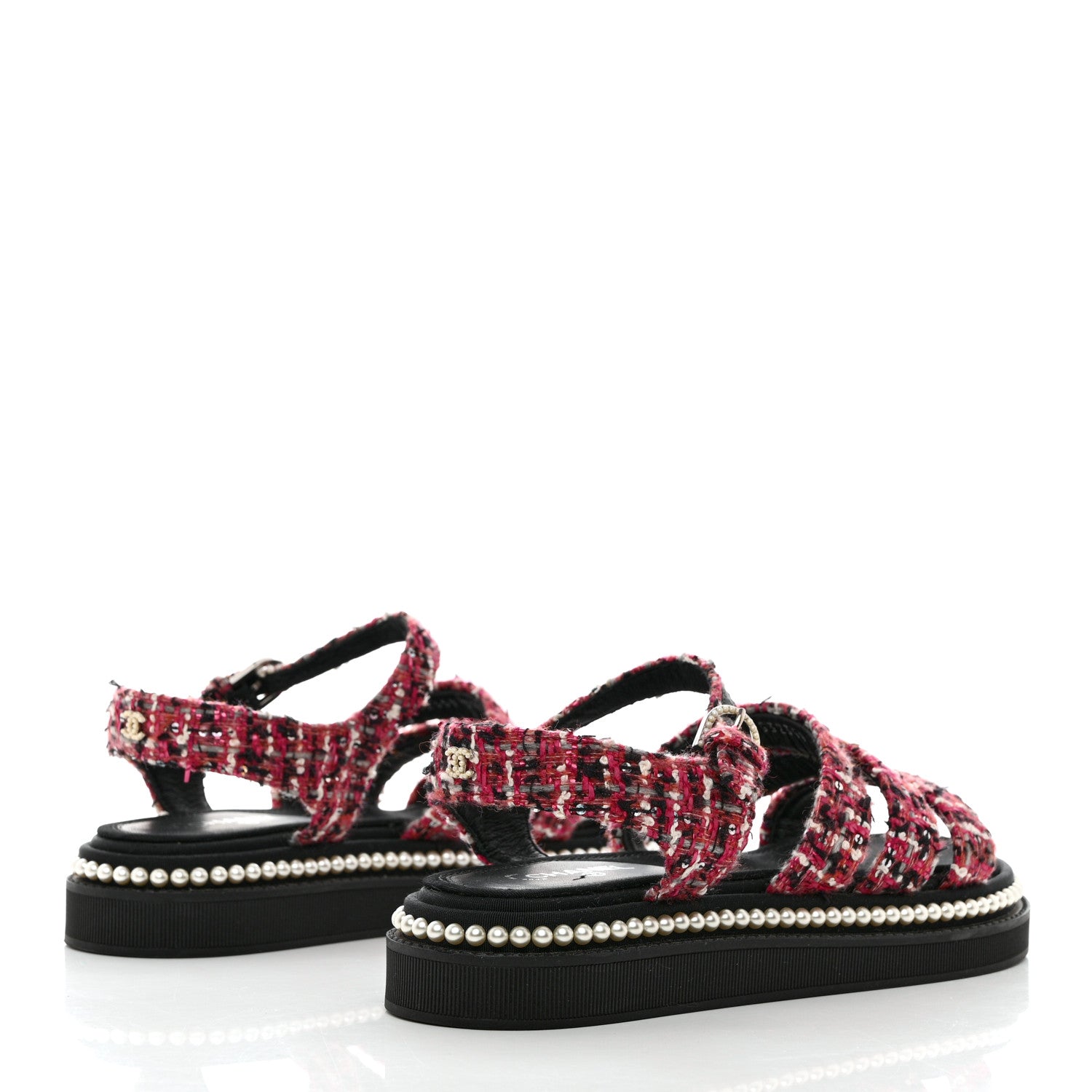 Chanel Tweed Pearl Flat Sandals 37.5 Red Black 4 of 10