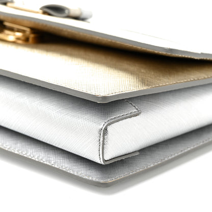 Salvatore Ferragamo Metallic Hammered Calfskin Vara Bow Chain Flap Crossbody Silver Gold 18 of 23