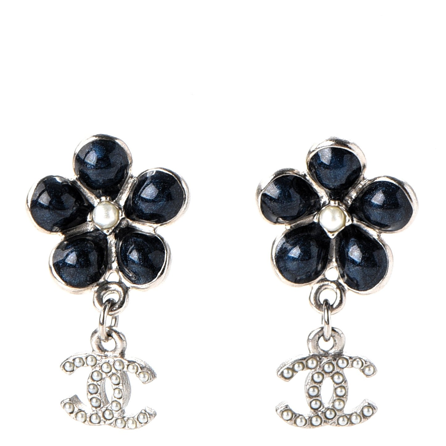 Enamel Pearl CC Flower Drop Earrings Blue Silver