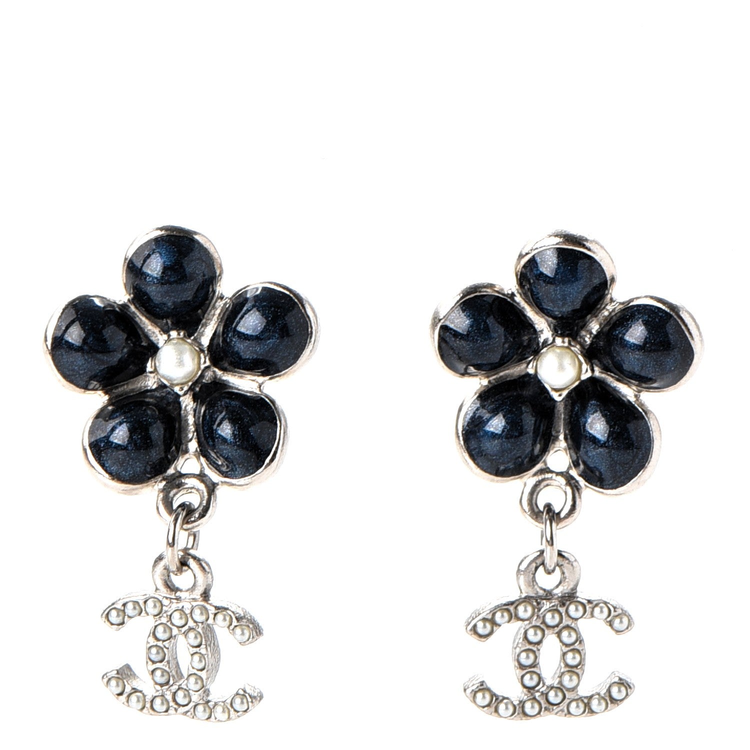 Chanel Enamel Pearl CC Flower Drop Earrings Blue Silver 1 of 5
