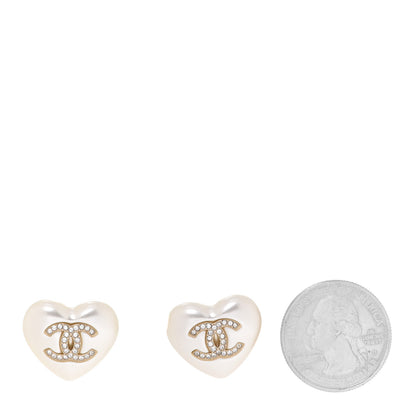 Chanel Pearl Crystal CC Heart Earrings Gold 2 of 5