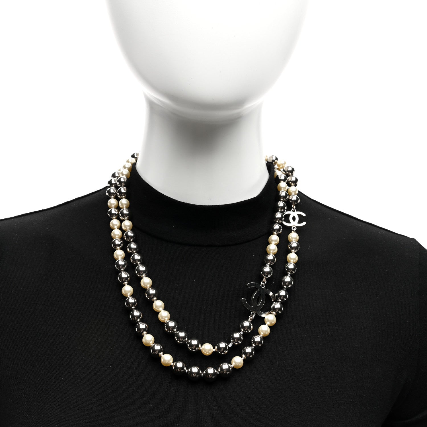 Chanel Metal Pearl CC Long Necklace Silver Pearly White Grey 2 of 4