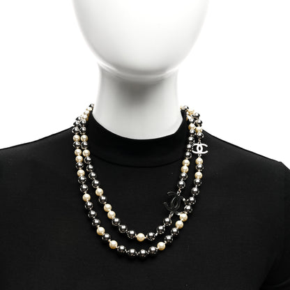 Chanel Metal Pearl CC Long Necklace Silver Pearly White Grey 2 of 4