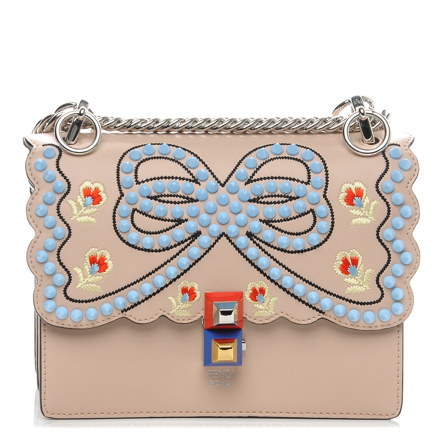 Fendi Vitello Liberty Scalloped Studded Flowers and Bows Small Kan I Shoulder Bag Plaster Multicolor 1 of 6