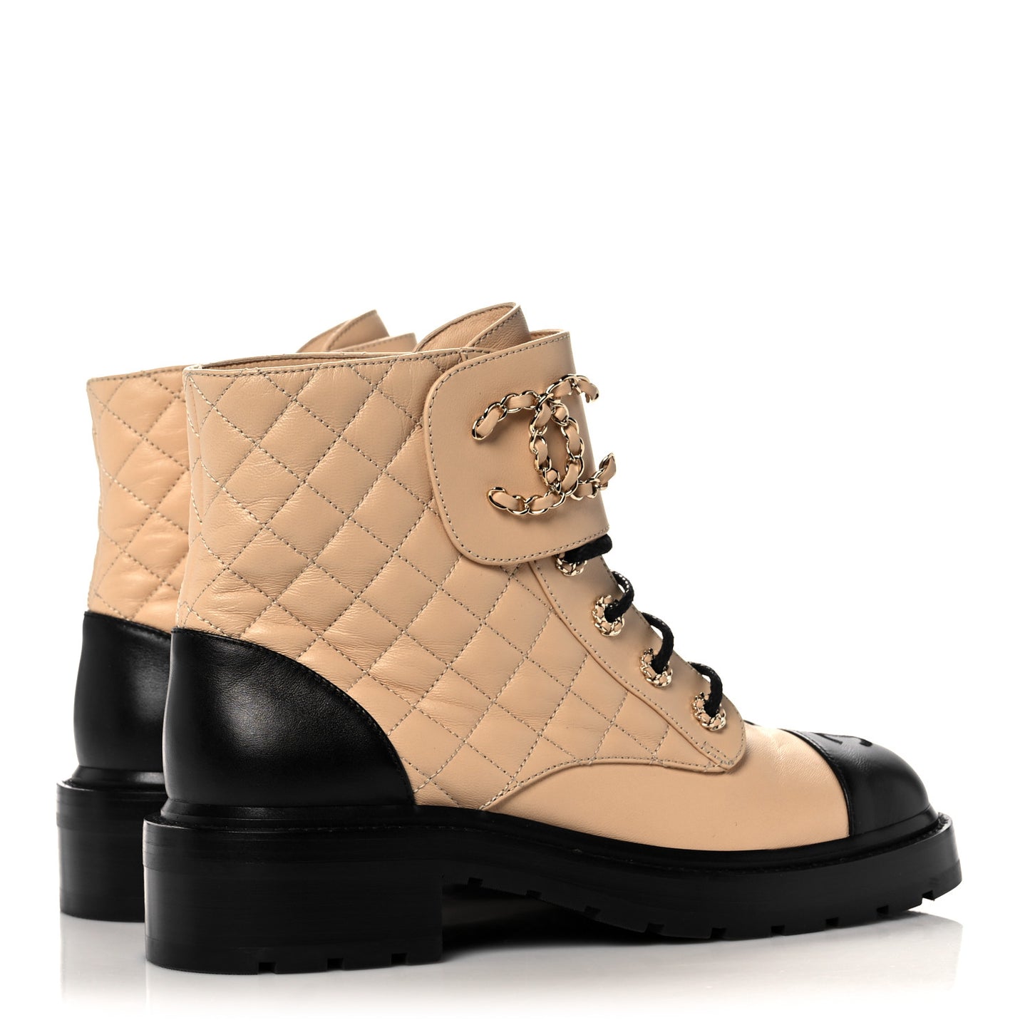 Shiny Lambskin Quilted Lace Up Combat Boots 39.5 Beige Black