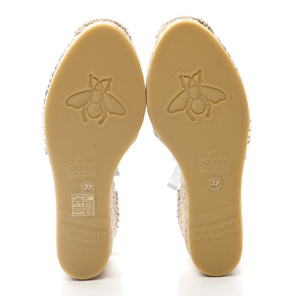 Gucci Lame GG Monogram Ankle Wrap Platform Espadrille Wedges 37 Silver Beige Light Grey 5 of 10
