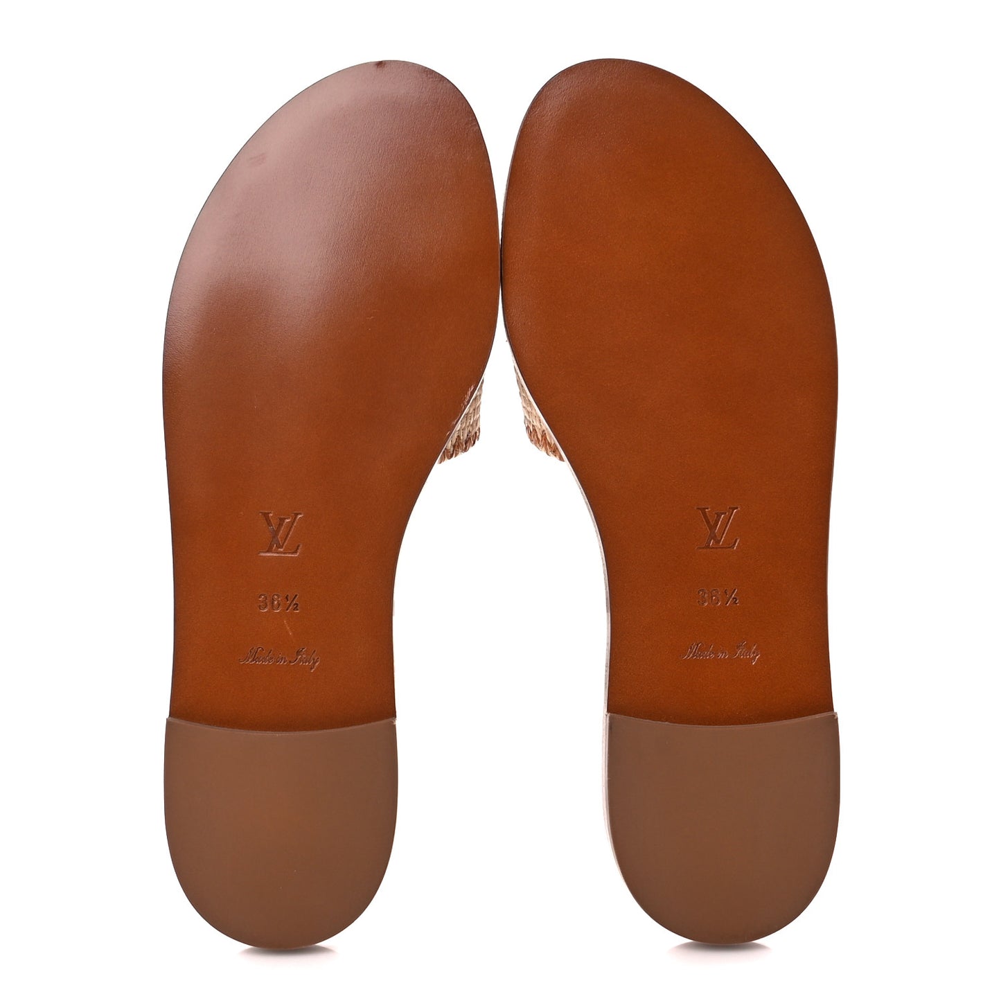 Raffia Calfskin Monogram Lock It Flat Mules 36.5 Cognac Brown