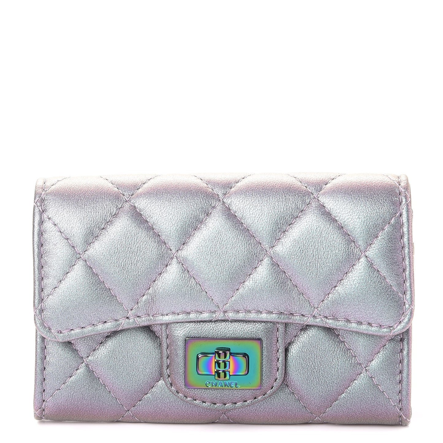 Iridescent Lambskin Quilted Reissue Flap Card Holder Light Purple