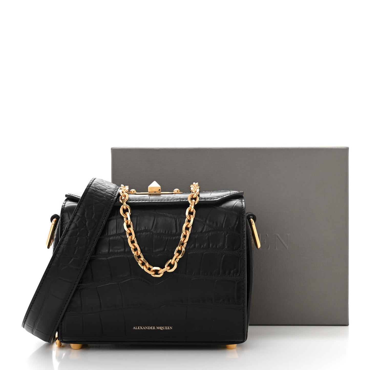 Calfskin Crocodile Embossed Box Shoulder Bag 19 Black
