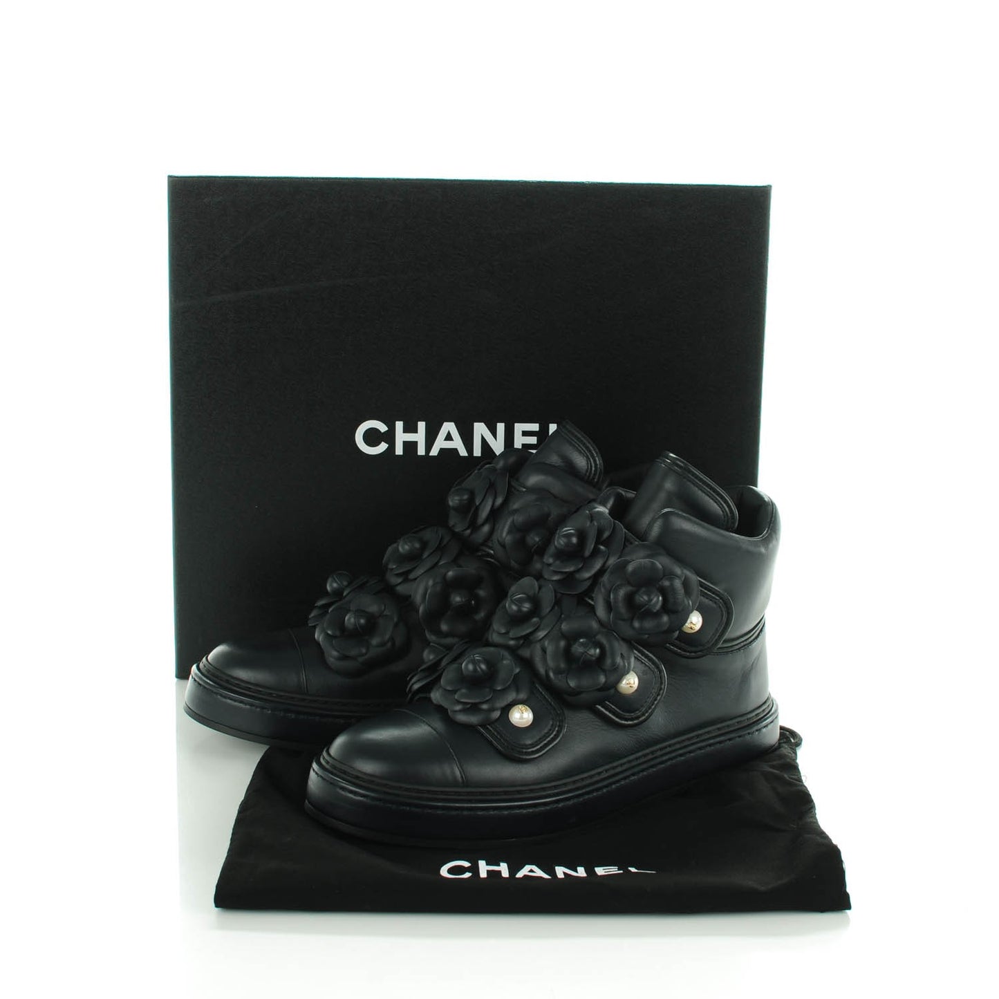 Calfskin Pearl Camellia High Top Sneakers 38.5 Navy