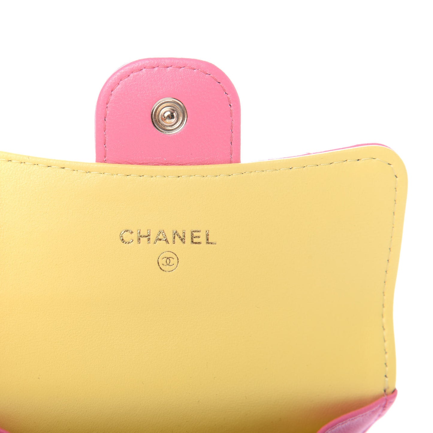 Lambskin Quilted Flap Card Holder Wallet Pink Yellow