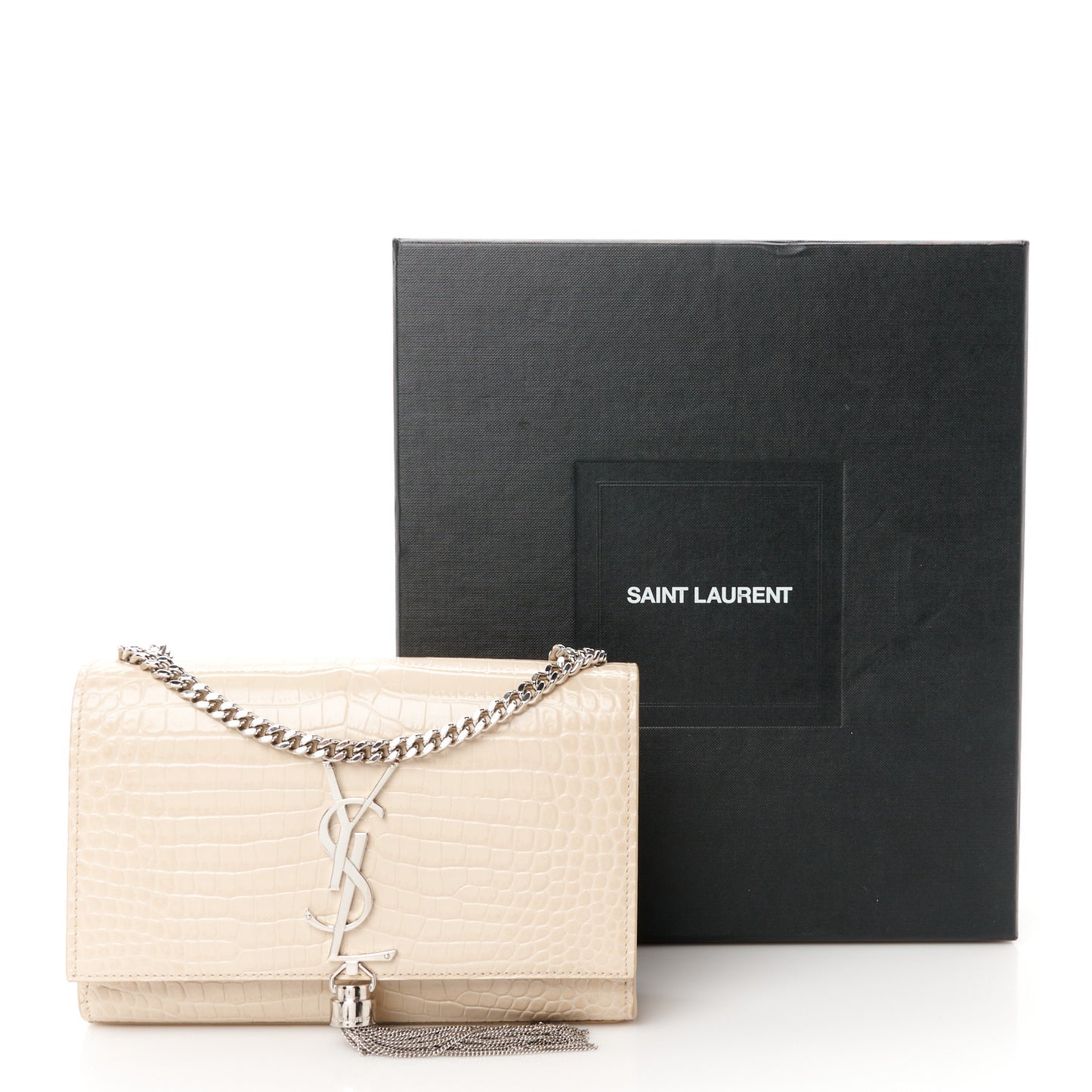 Calfskin Crocodile Embossed Small Classic Monogram Kate Tassel Satchel Nude Powder