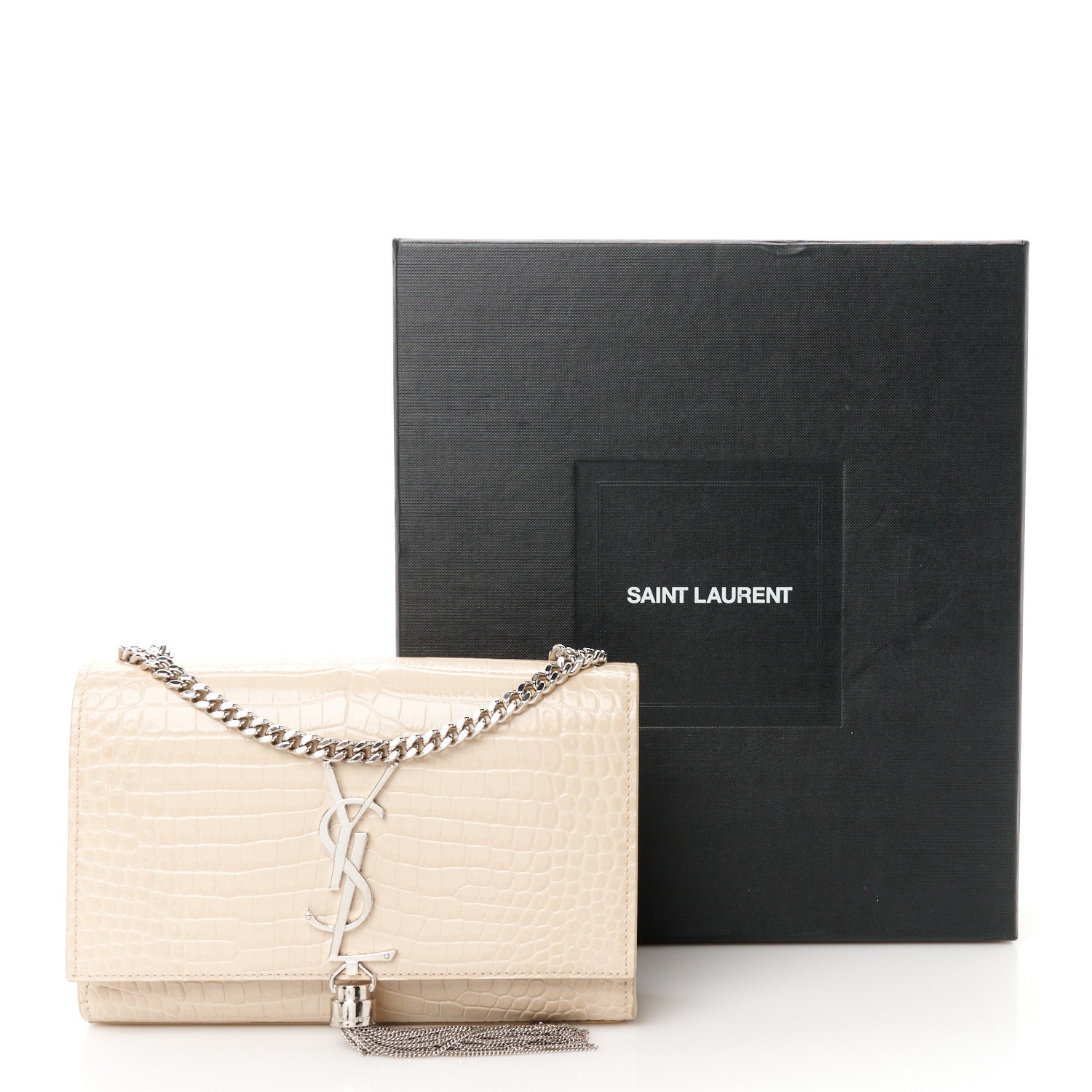 Saint Laurent Calfskin Crocodile Embossed Small Classic Monogram Kate Tassel Satchel Nude Powder 12 of 12