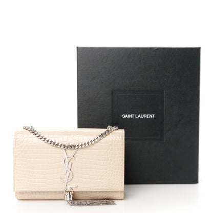 Saint Laurent Calfskin Crocodile Embossed Small Classic Monogram Kate Tassel Satchel Nude Powder 12 of 12
