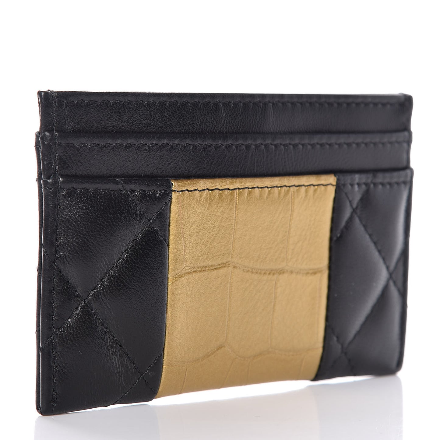Lambskin Quilted Crocodile Embossed Reissue Card Holder Black Gold