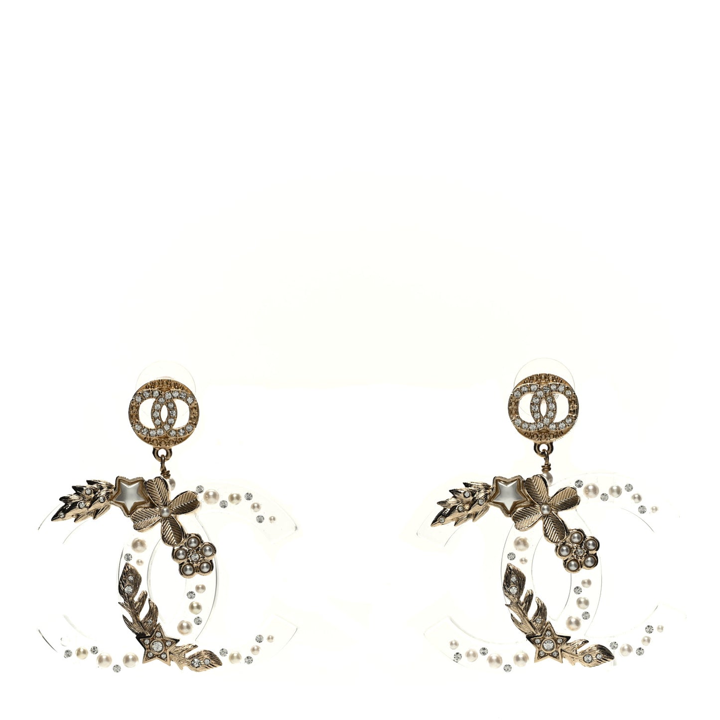 Lucite Crystal Pearl CC Drop Earrings Gold