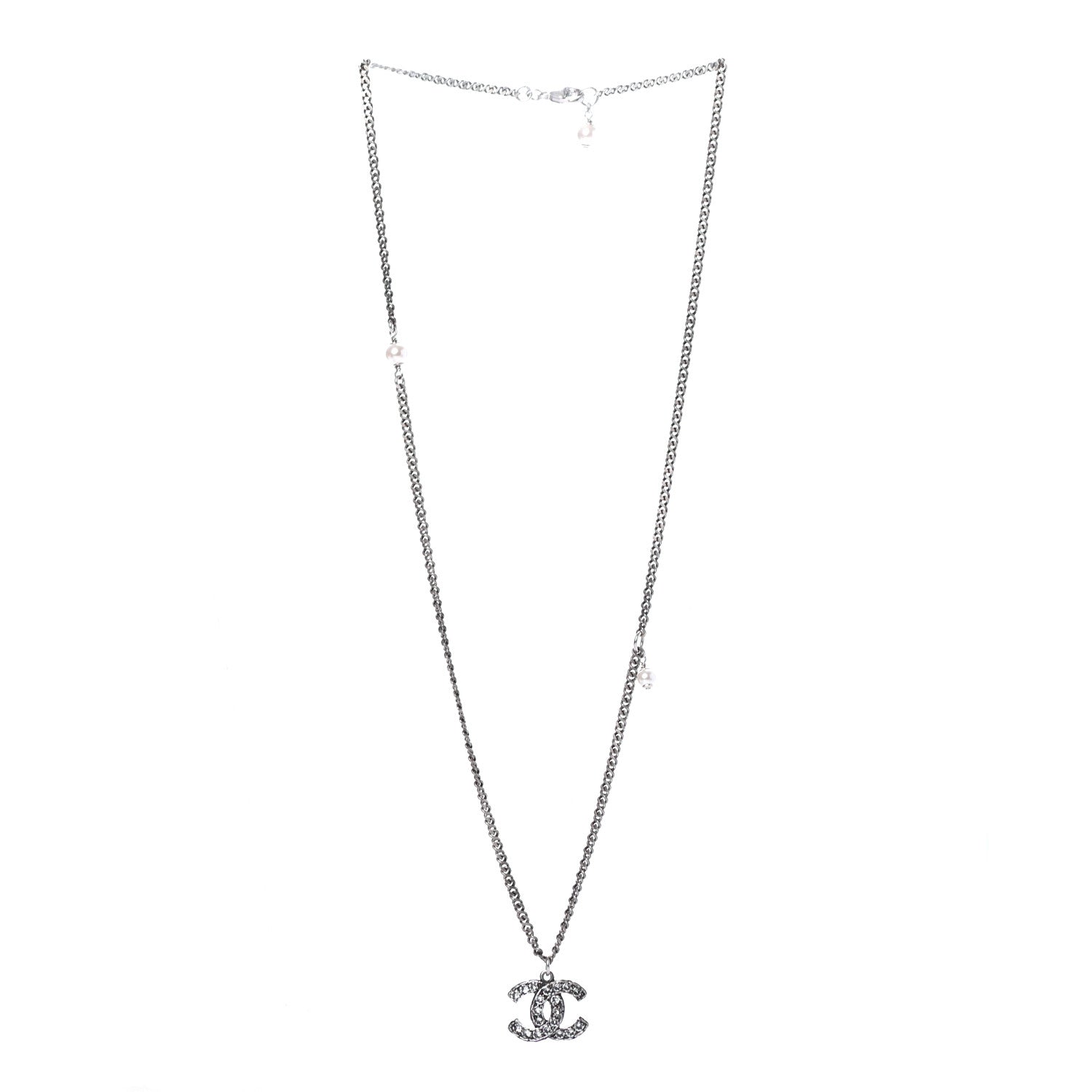 Chanel Pearl Crystal CC Pendant Necklace Silver 3 of 4