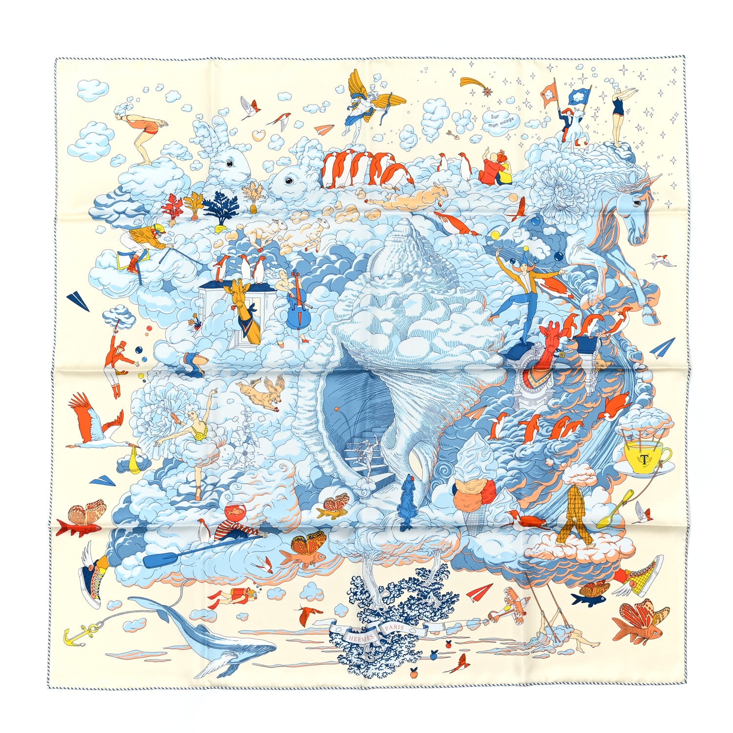 Hermes Silk Sur Mon Nuage Scarf 90 Creme Bleu Clair 1 of 6